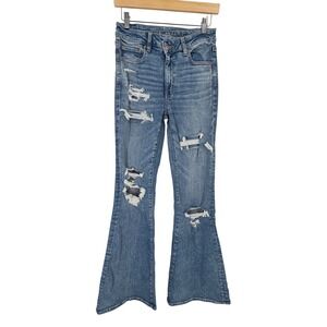 American Eagle Women 6 Long Tall Blue Distressed Flare Jeans Next Level Stretch‎